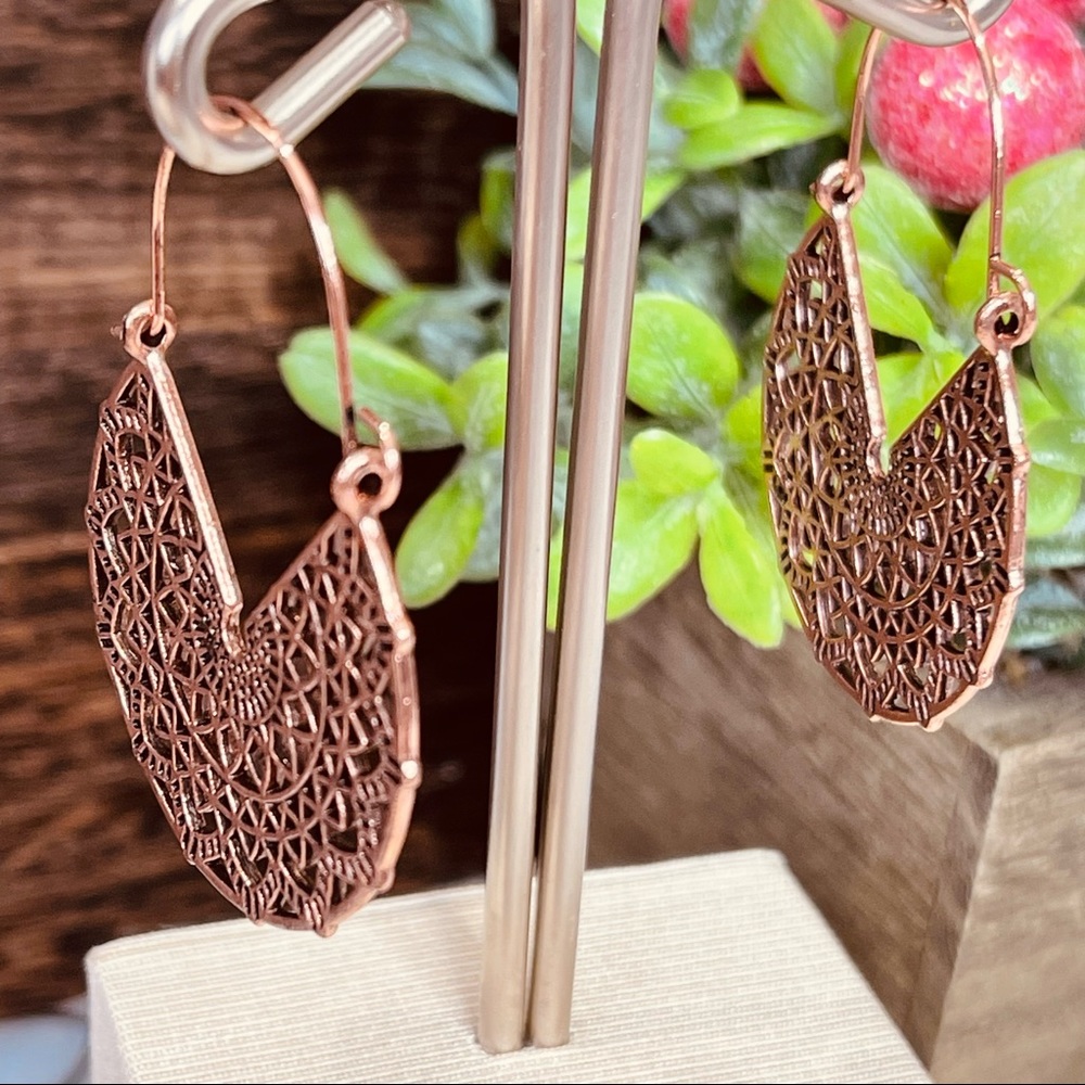 BOHO EARRINGS Open filigree FAN earrings Rose Gold Hoop versatile Southwestern - Picture 5 of 8